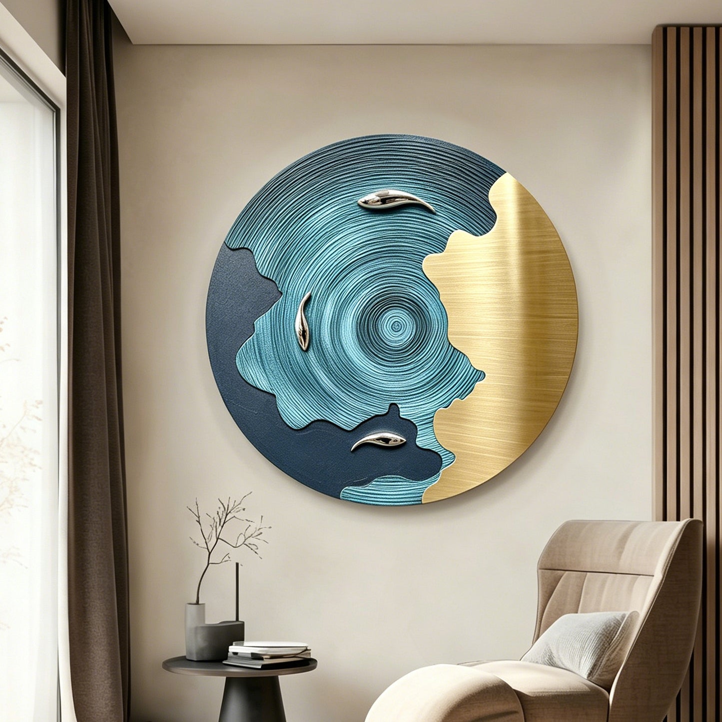 Blue Gold Koi Round Wall Art