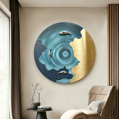 Blue Gold Koi Round Wall Art