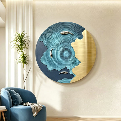 Blue Gold Koi Round Wall Art