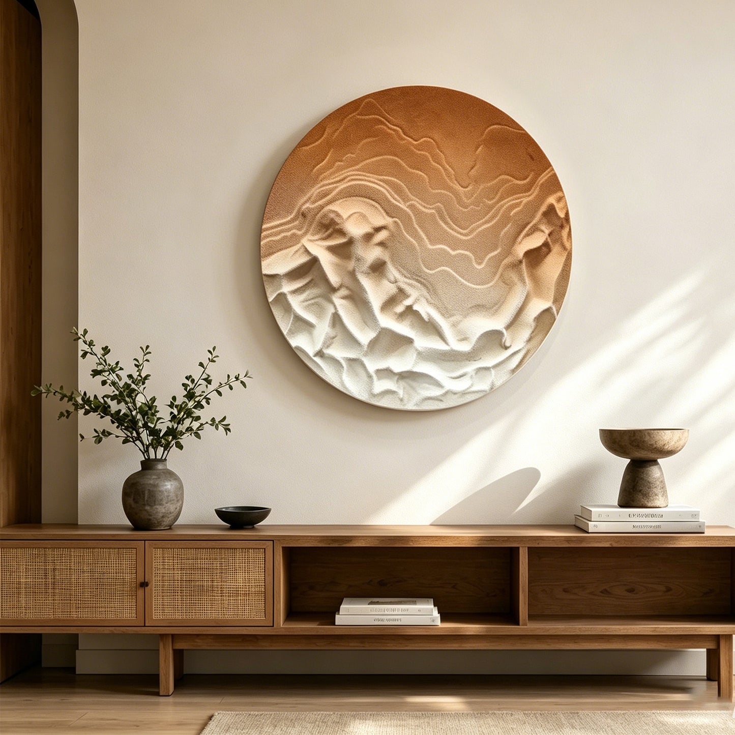 Sunlit Peaks Round Carved Relief