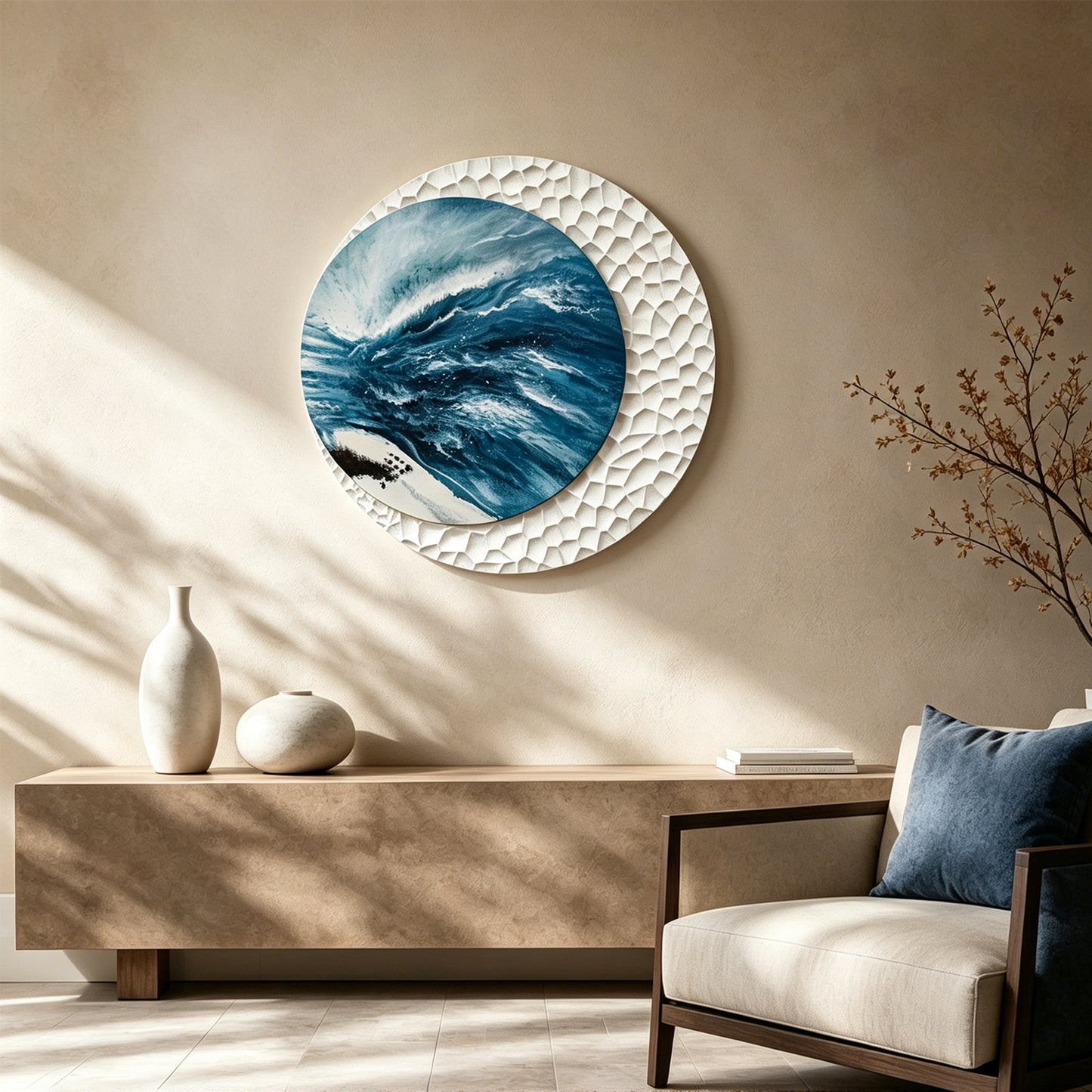 Aqua Moon Round Textured Wall Art