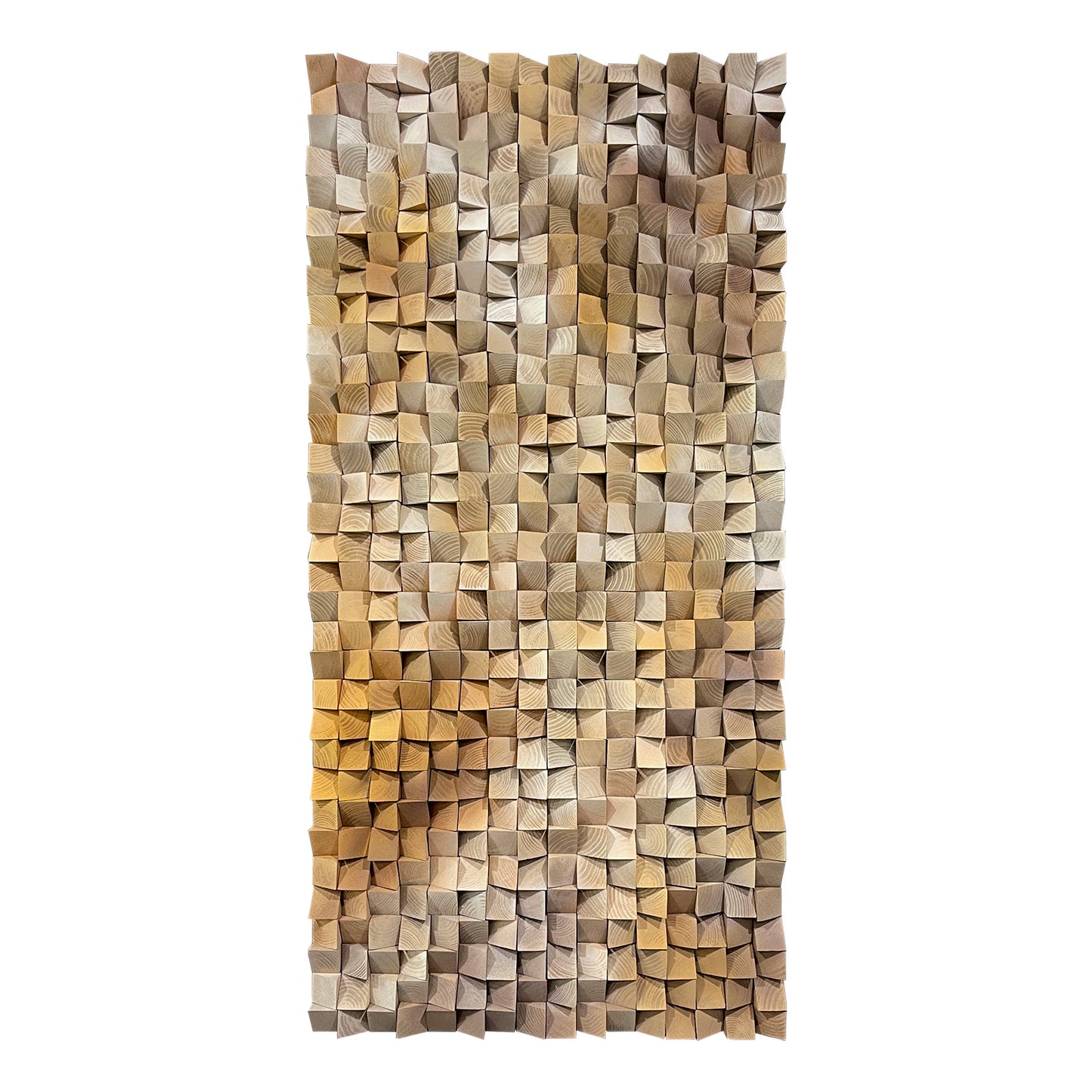 3D gradient wooden mosaic wall art features geometric wood blocks in gradual color transitions, delivering rich texture, artistic depth and natural warmth.