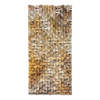 3D gradient wooden mosaic wall art features geometric wood blocks in gradual color transitions, delivering rich texture, artistic depth and natural warmth.
