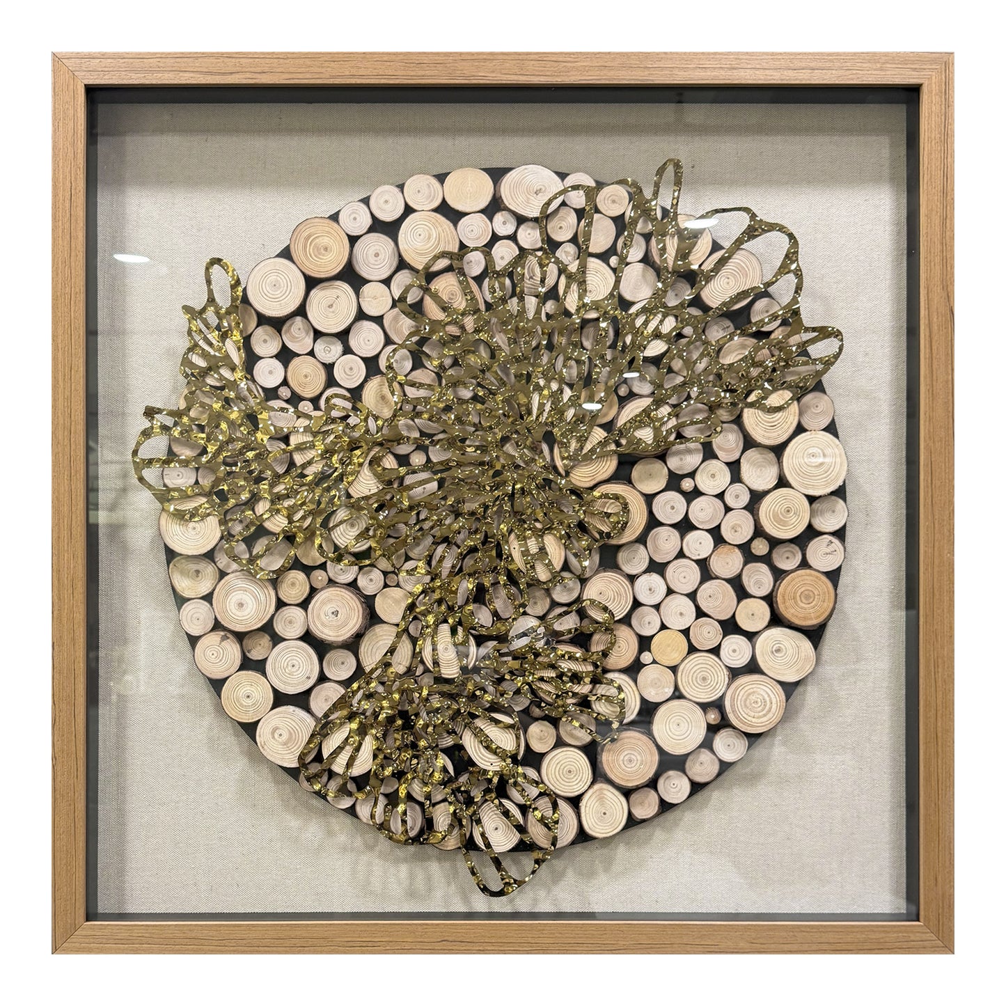 Natural Wood Round & Metal Wall Sculpture - 3D Mixed Media Art