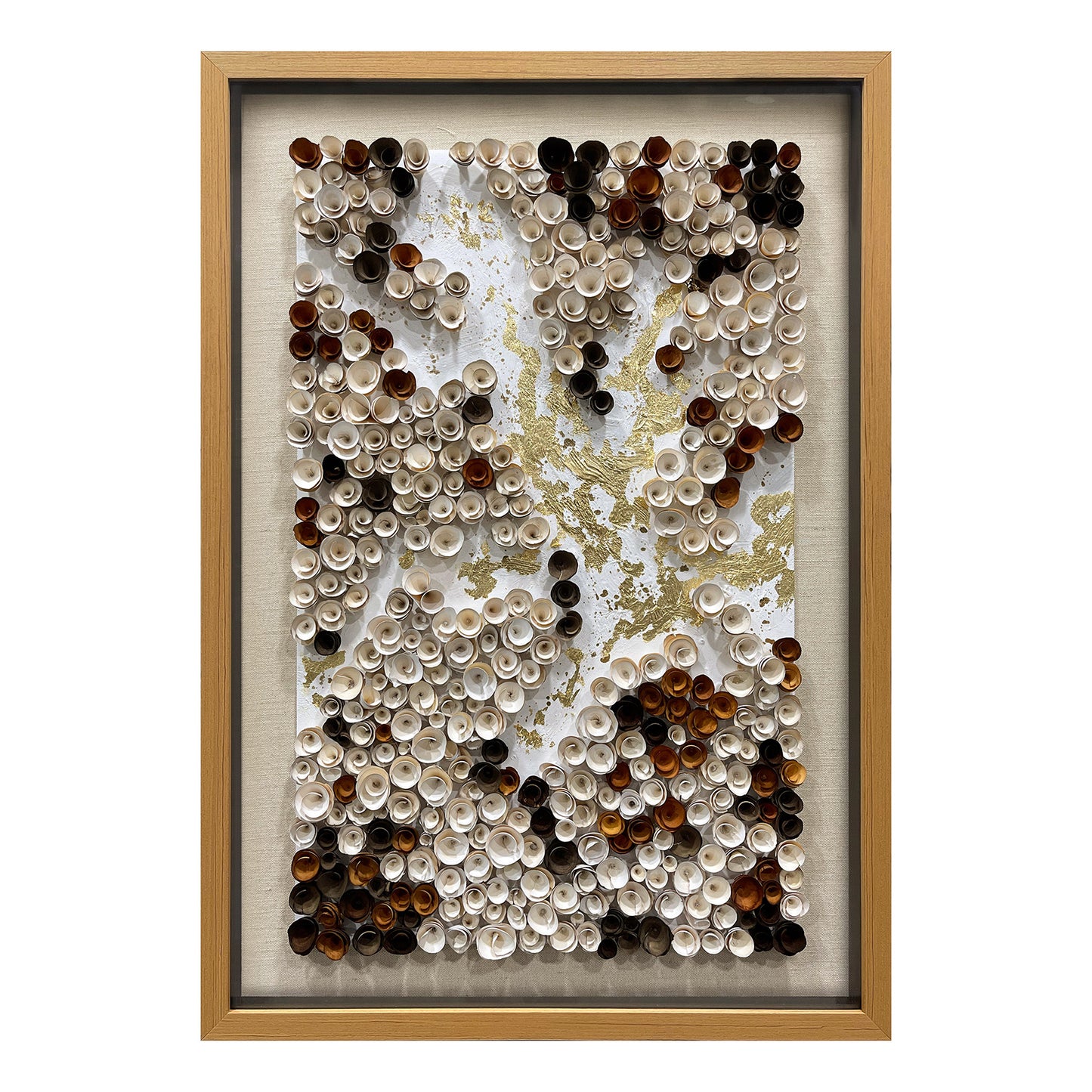 Decorative elements of contemporary art gallery, handcrafted wooden flowers and gold foil textured wall panels