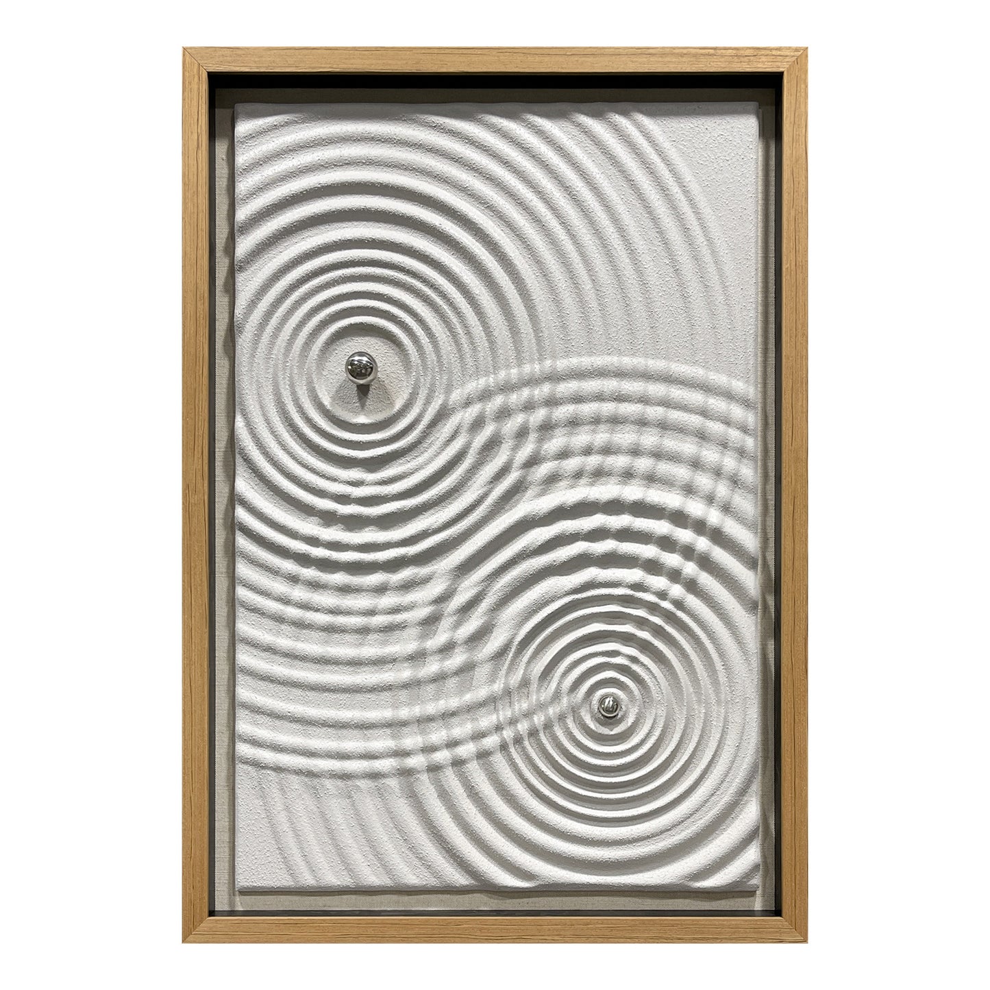 Minimalist Zen Ripple Carved Wood Panel with Silver Orb