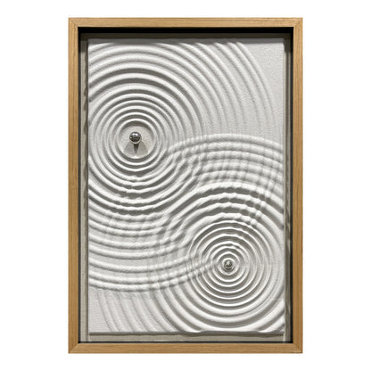 Minimalist Zen Ripple Carved Wood Panel with Silver Orb