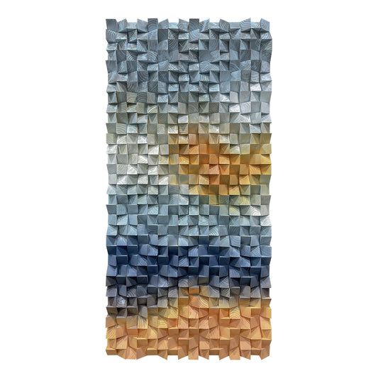 Large 3D natural wood wall decor with original triangular design.
