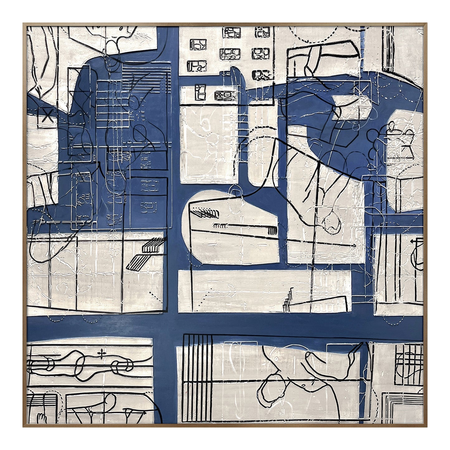Abstract Line Art Wall Decor with Blue and Neutral Tones