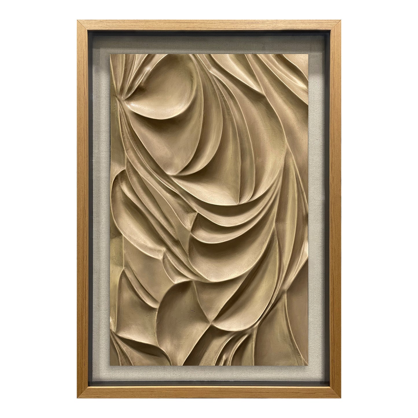 Luxury Corporate Wall Sculpture, Flowing Bronze Wood Carving with Tempered Glass