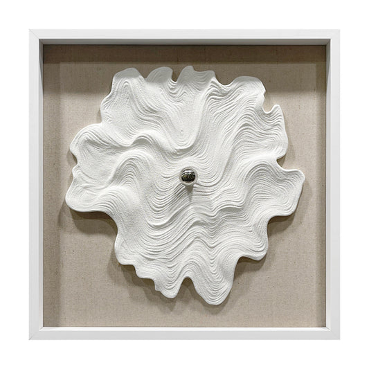 White Textured Wood Carving with Silver Sphere Wall Art