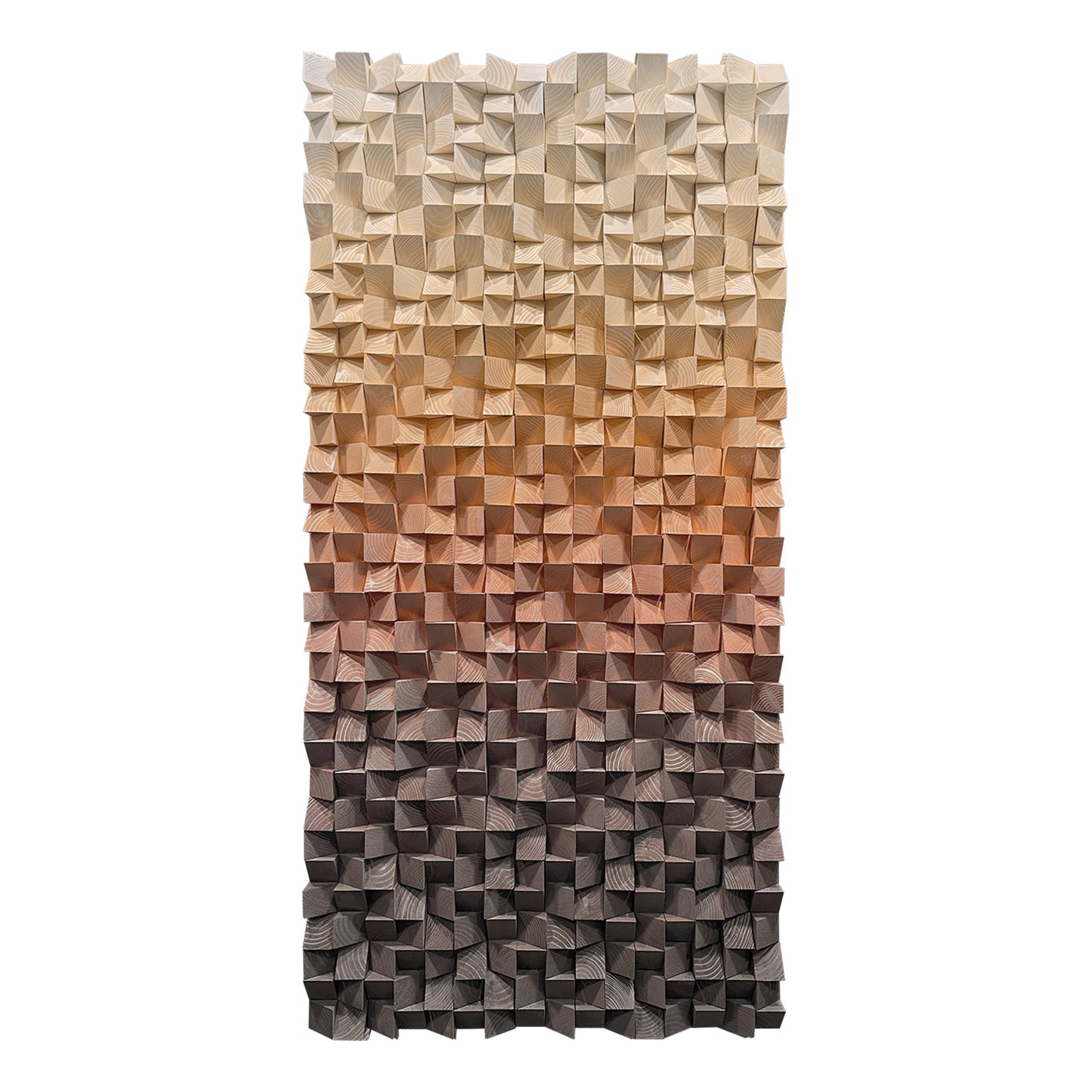 Warm earth-tone wood wall art, 3D textured mosaic with gradient orange-to-brown hues, abstract modern design allowing horizontal or vertical display.