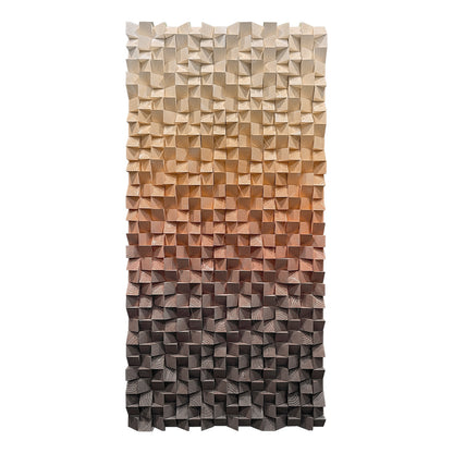 Warm earth-tone wood wall art, 3D textured mosaic with gradient orange-to-brown hues, abstract modern design allowing horizontal or vertical display.