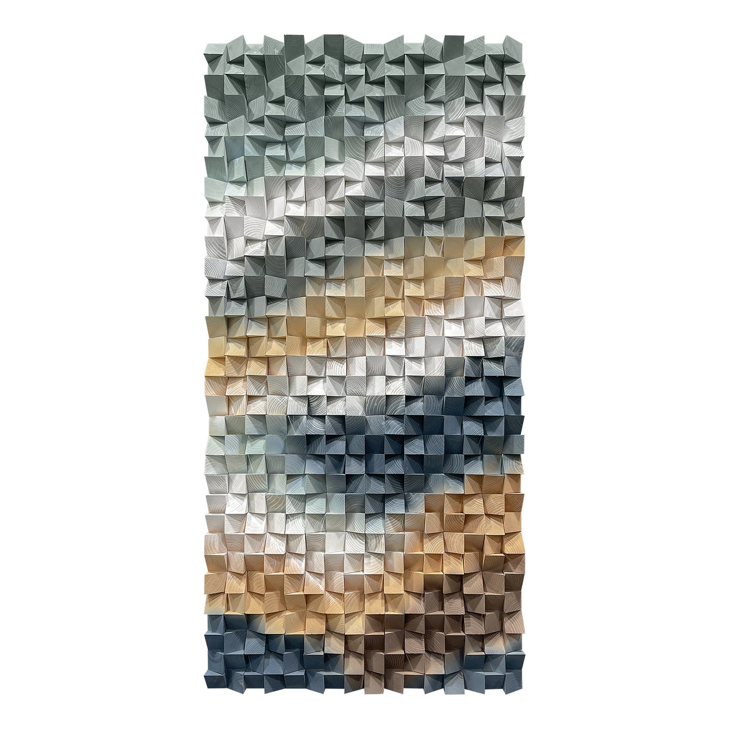 3D gradient wooden mosaic wall artwork, crafted from natural wood with gradual color transitions, full of artistic stereoscopic sense.