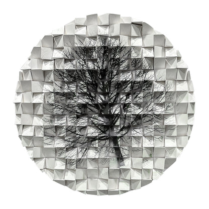 Modern circle wall decor with black-and-white tree art, handmade solid wood hanging for home and office.