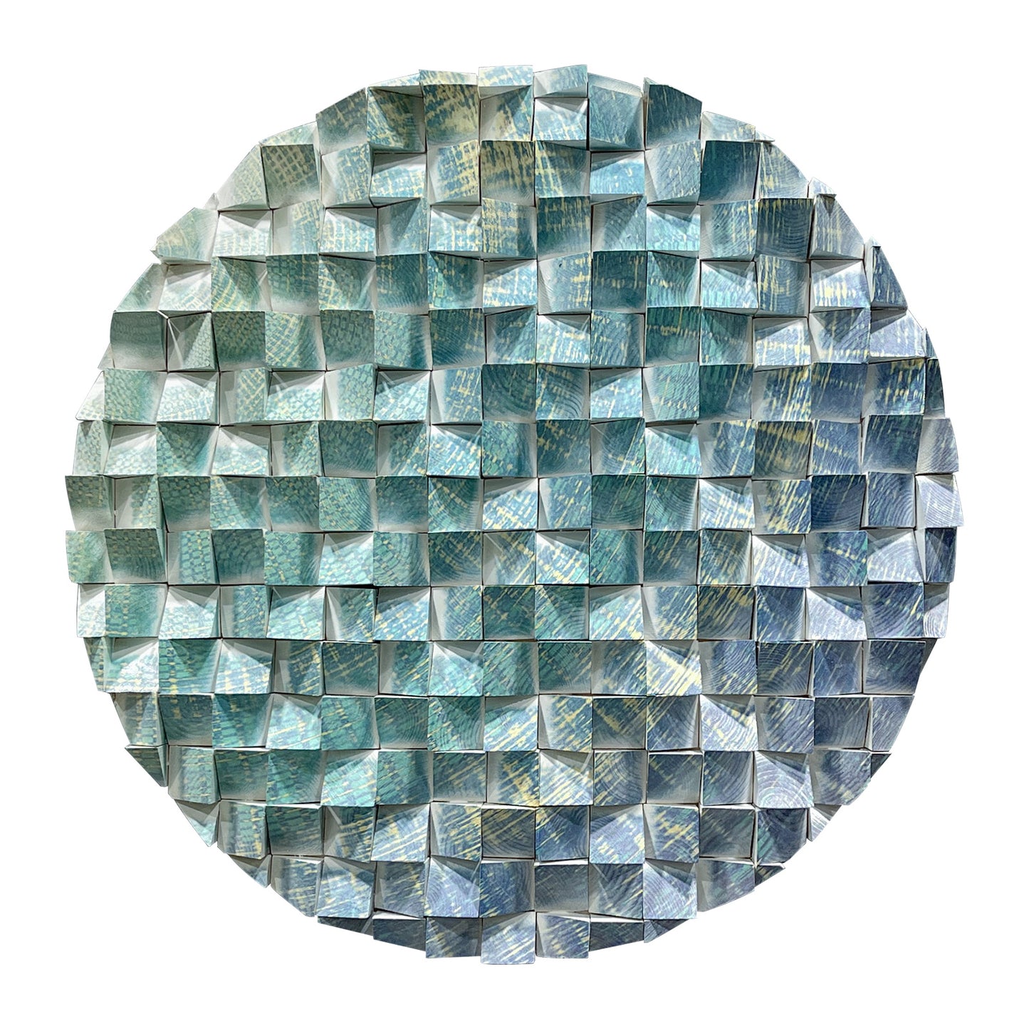 Large triangular wooden block wall art with blue-green-gold pattern, eye-catching modern decor for living room.