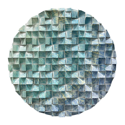Large triangular wooden block wall art with blue-green-gold pattern, eye-catching modern decor for living room.