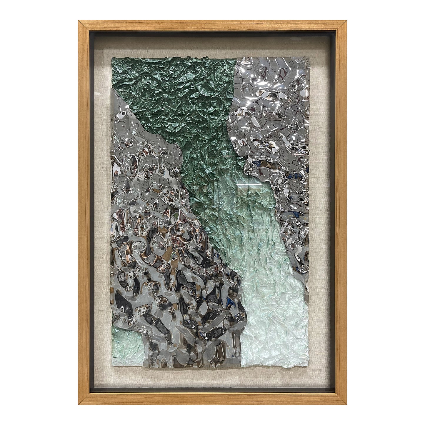 Green and Silver Crushed Metal Art, Abstract Paper Relief in Solid Wood Frame