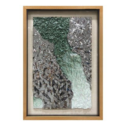 Green and Silver Crushed Metal Art, Abstract Paper Relief in Solid Wood Frame