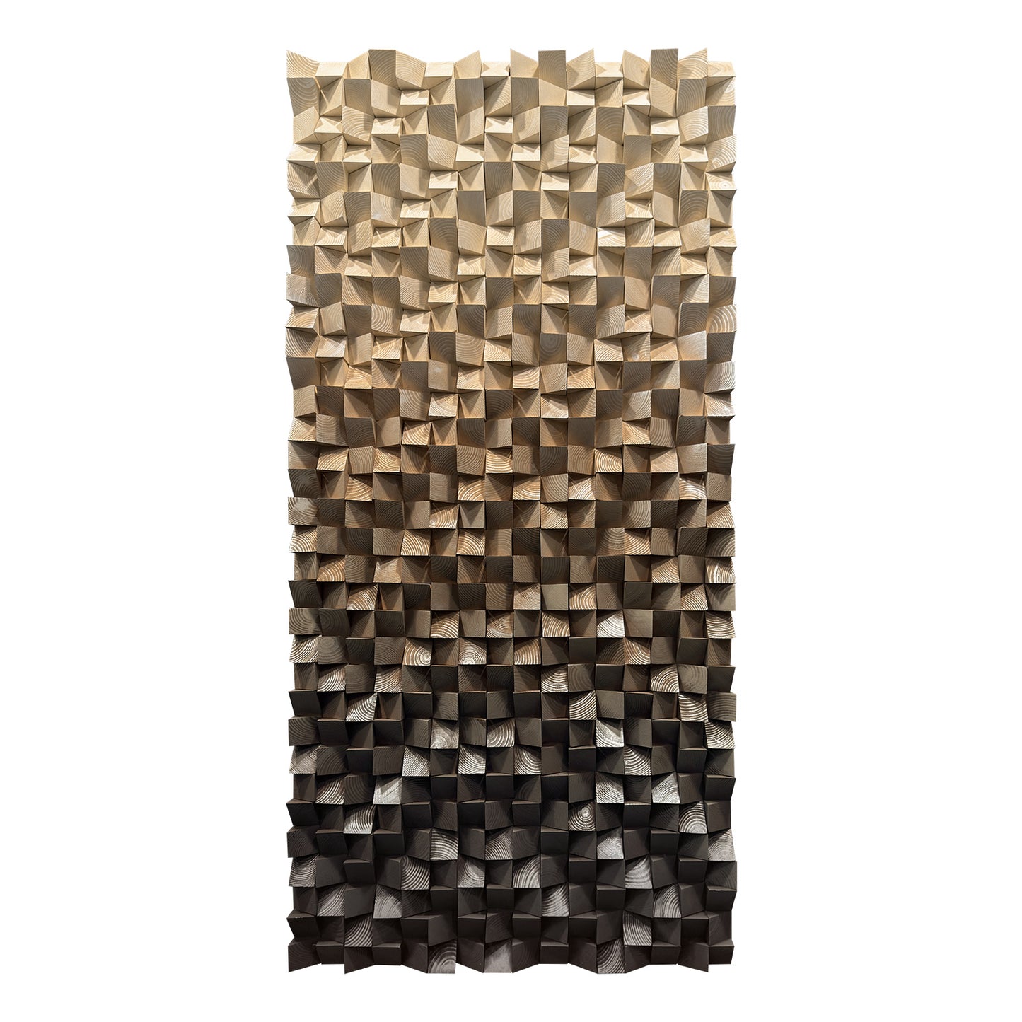 Wooden wall art, handmade solid wood mosaic with abstract coffee brown gradient and triangular design, rich in texture.
