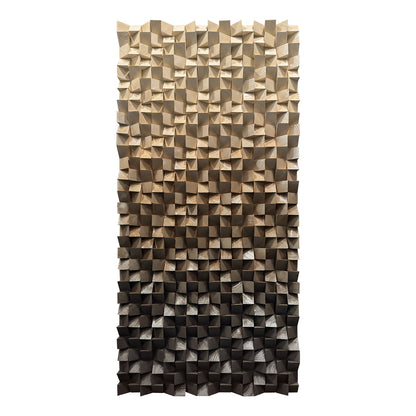 Wooden wall art, handmade solid wood mosaic with abstract coffee brown gradient and triangular design, rich in texture.