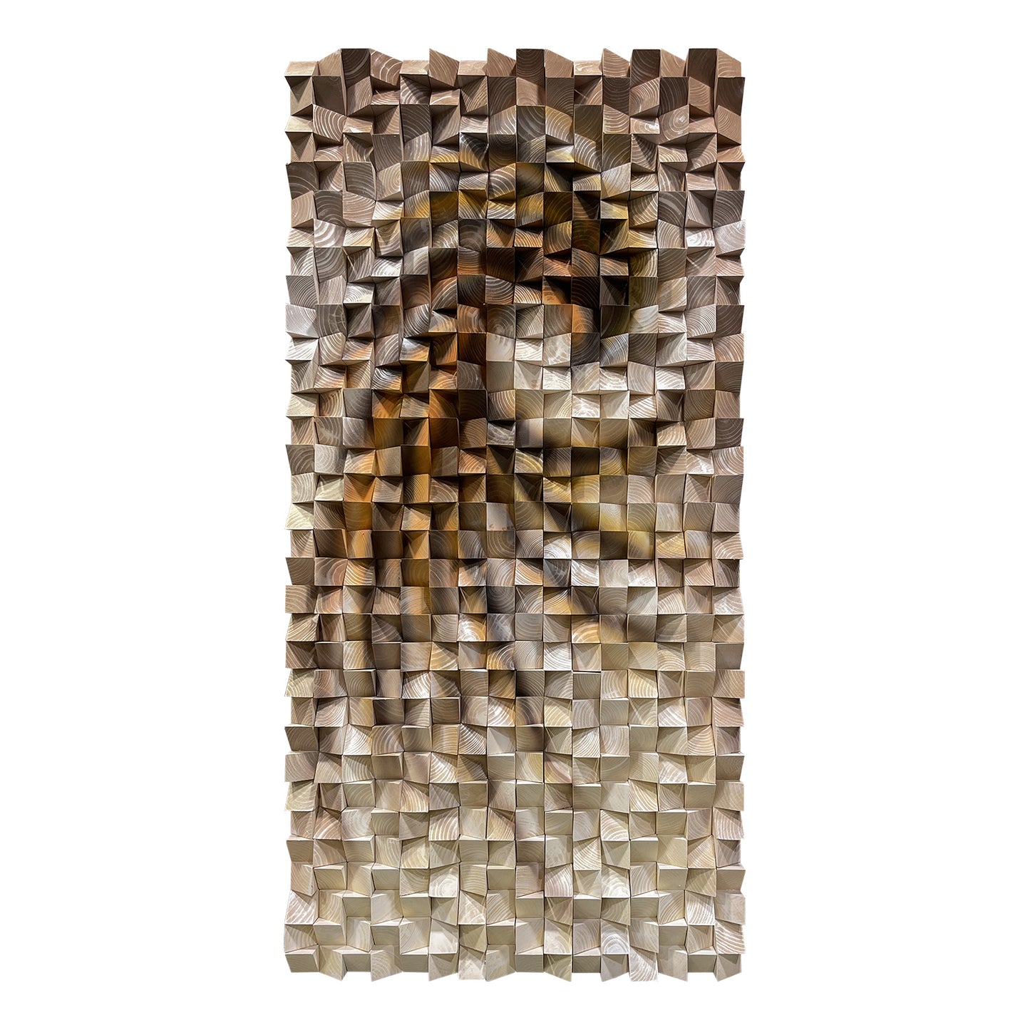 Three-dimensional triangular wooden block wall art, modern styled with natural wood texture, elevating any wall space elegantly.