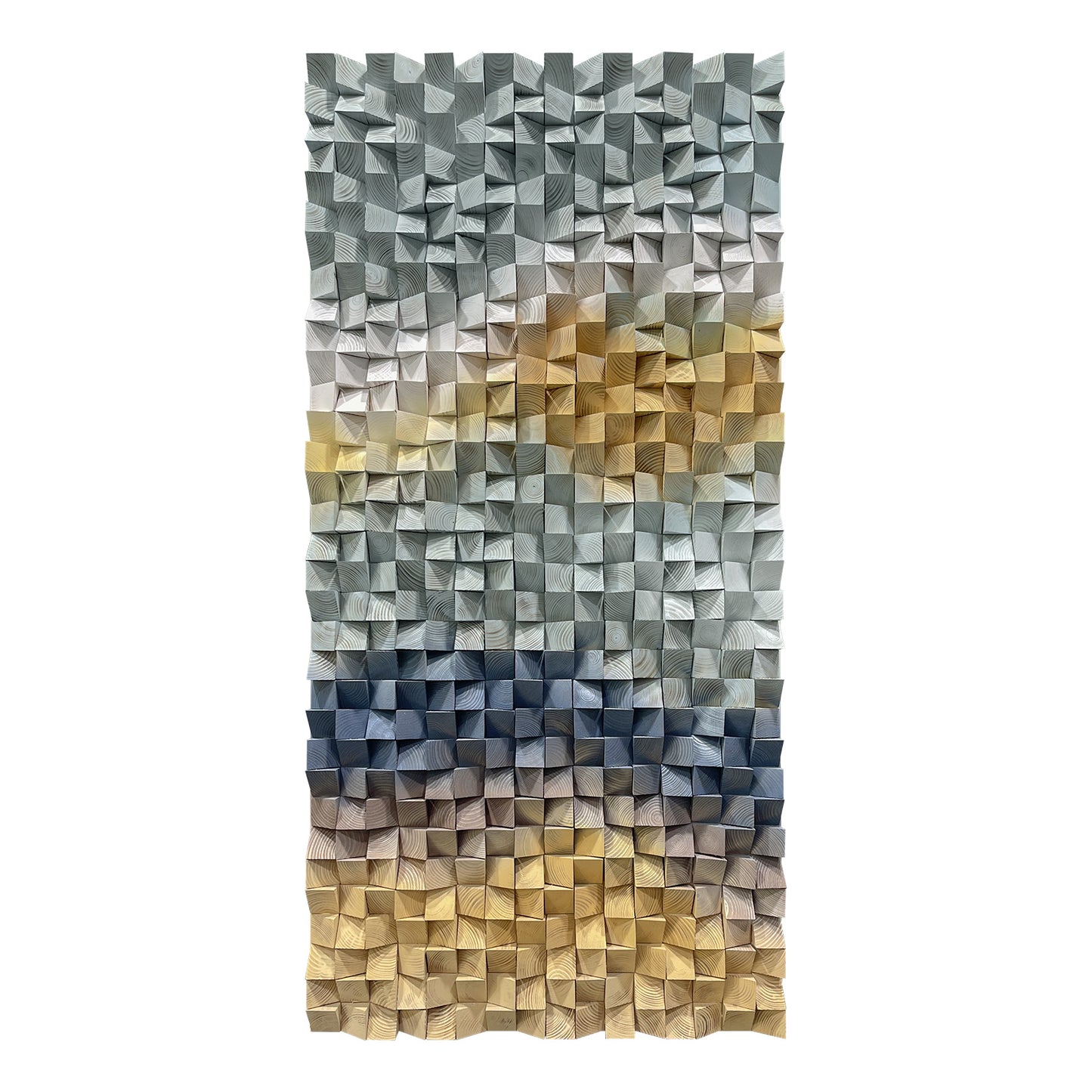 Geometric gradient 3D wooden mosaic wall decor, solid wood textured panel with distinctive layered design.
