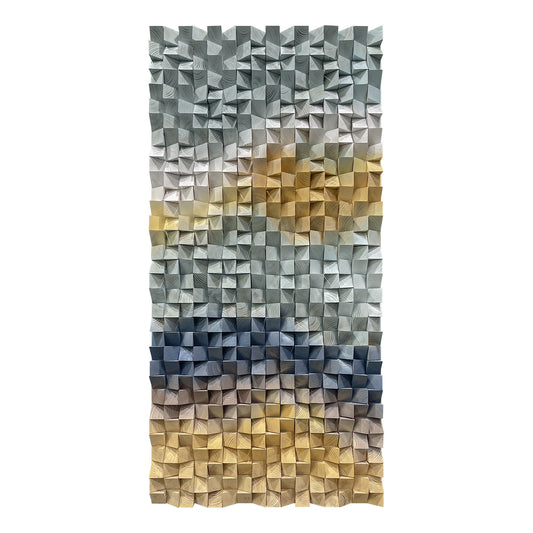 Geometric gradient 3D wooden mosaic wall decor, solid wood textured panel with distinctive layered design.