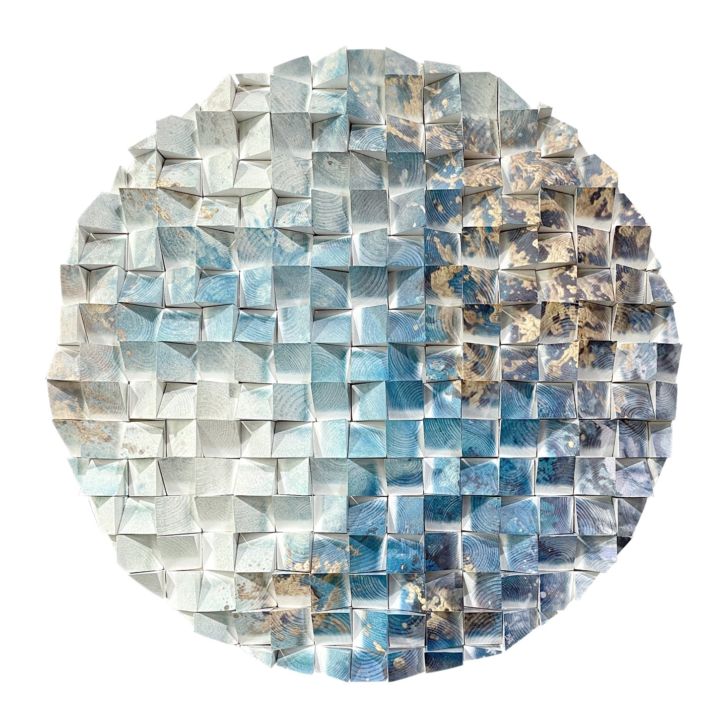 Wooden circle wall decor, handcrafted azure ocean mosaic, large ready-to-hang round art for home & office.