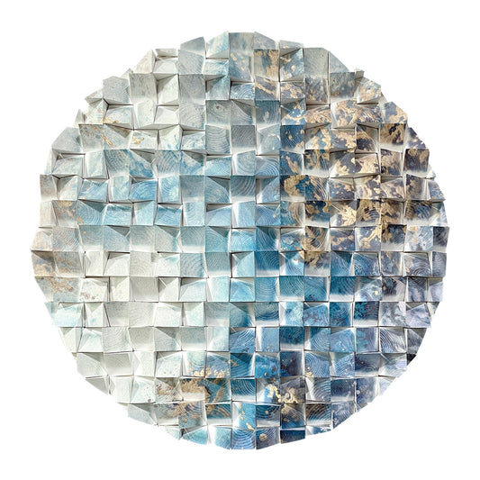 Wooden circle wall decor, handcrafted azure ocean mosaic, large ready-to-hang round art for home & office.