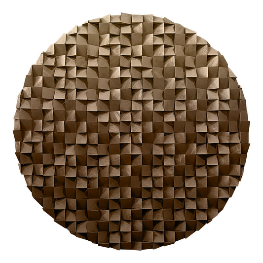 Wooden circle wall decor with 3D textured mosaic in warm brown tones, modern abstract art perfect for living room accent walls.