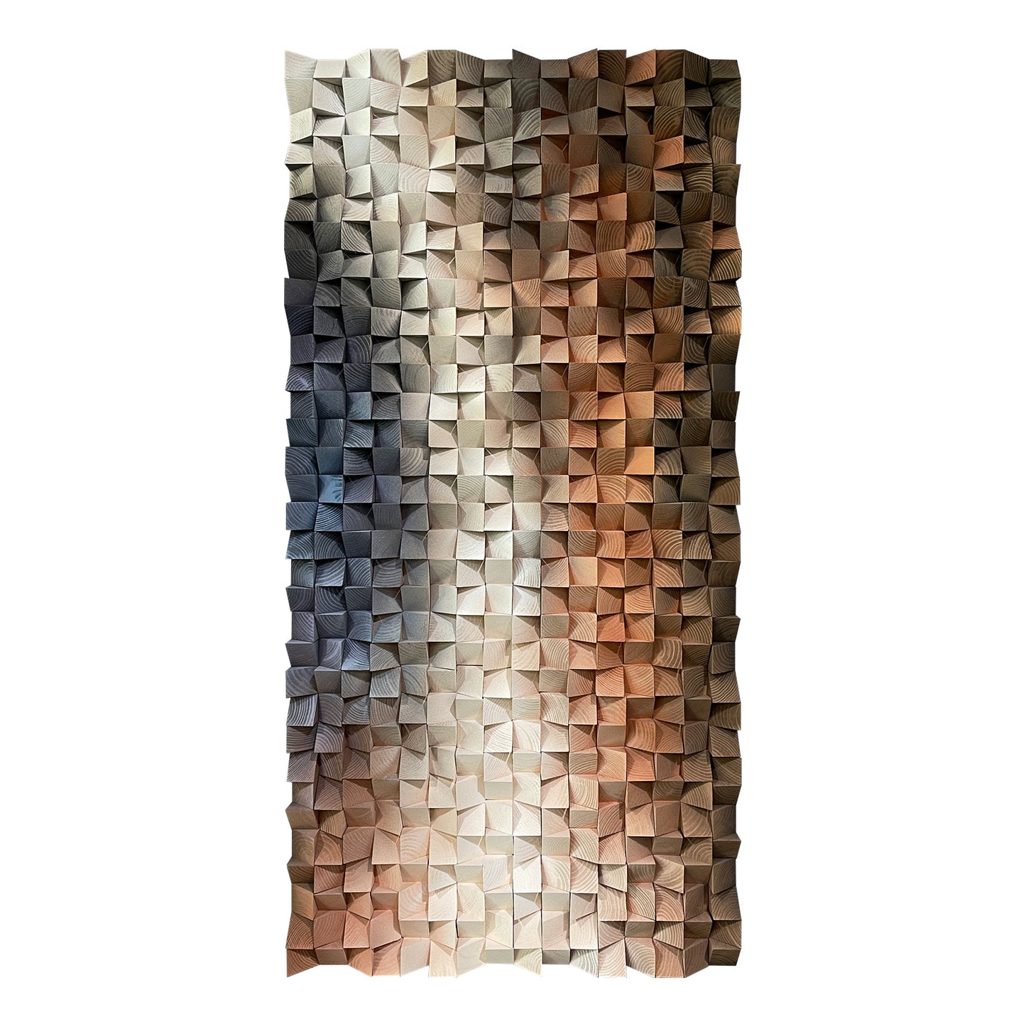 Modern abstract 3D wall art, solid wood mosaic panel in blue, white and orange tones, with rich three-dimensional texture.