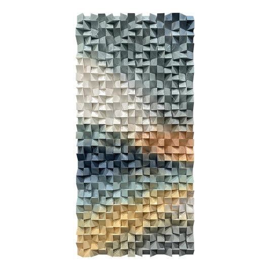 Large triangular wooden block wall art, crafted from natural wood with strong artistic appeal, creating an eye-catching focal point for interior spaces.
