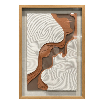 Creative hand-carved decorative artwork interwoven with brown and white lines, accented by a solid wood frame, delivering an elegant artistic touch.