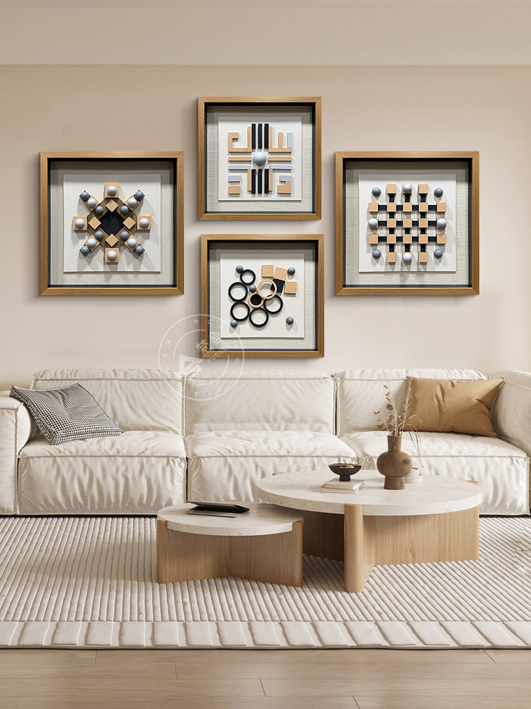 Geometric Carved Wood and Grey Hemisphere Art Installation