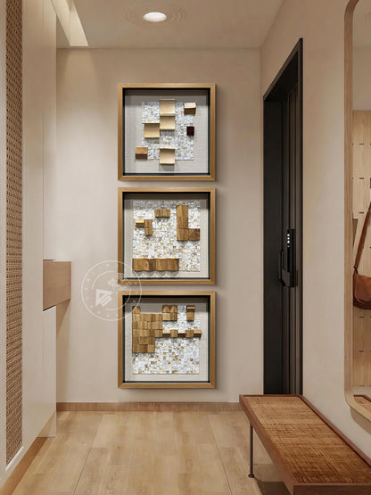Geometric Wood and Shell Mosaic Art Installation