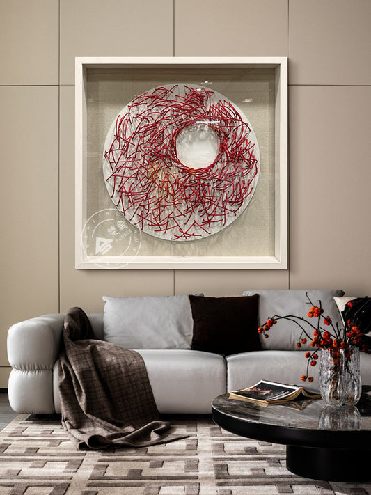 Luxury Crimson Paper Rope Wood Sculpture Wall Statement Piece