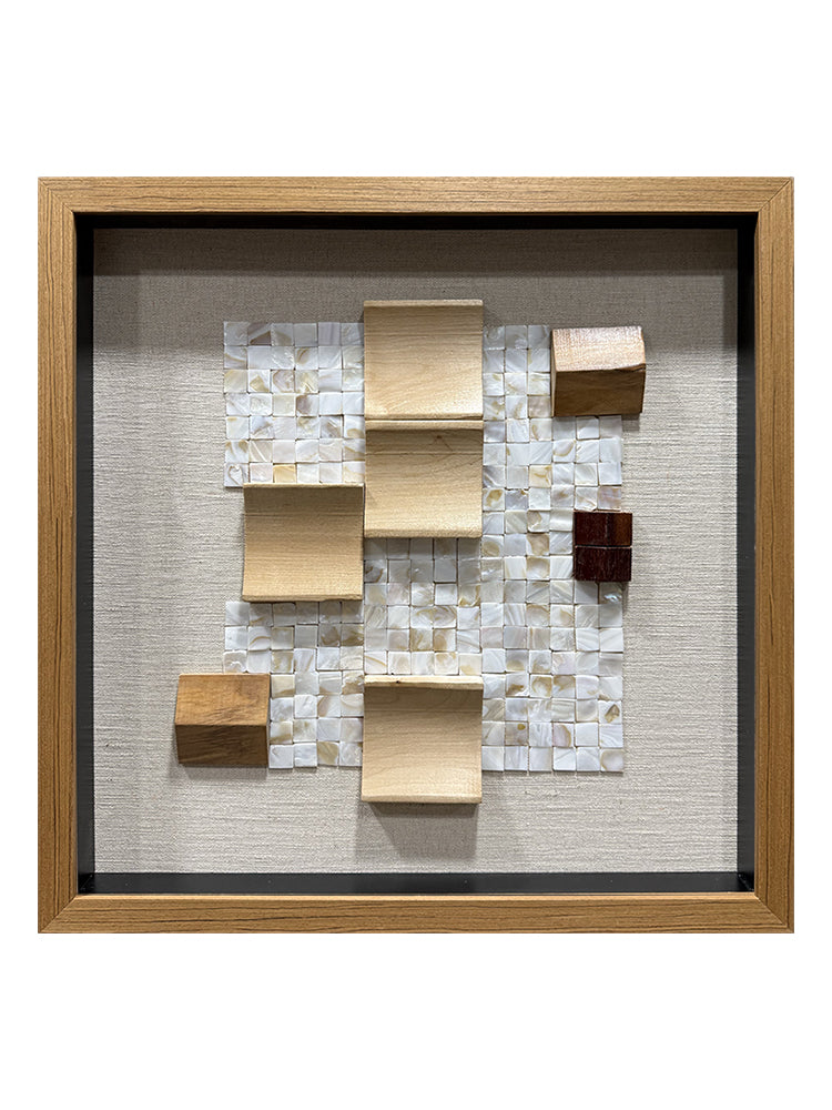 Geometric Wood and Shell Mosaic Art Installation