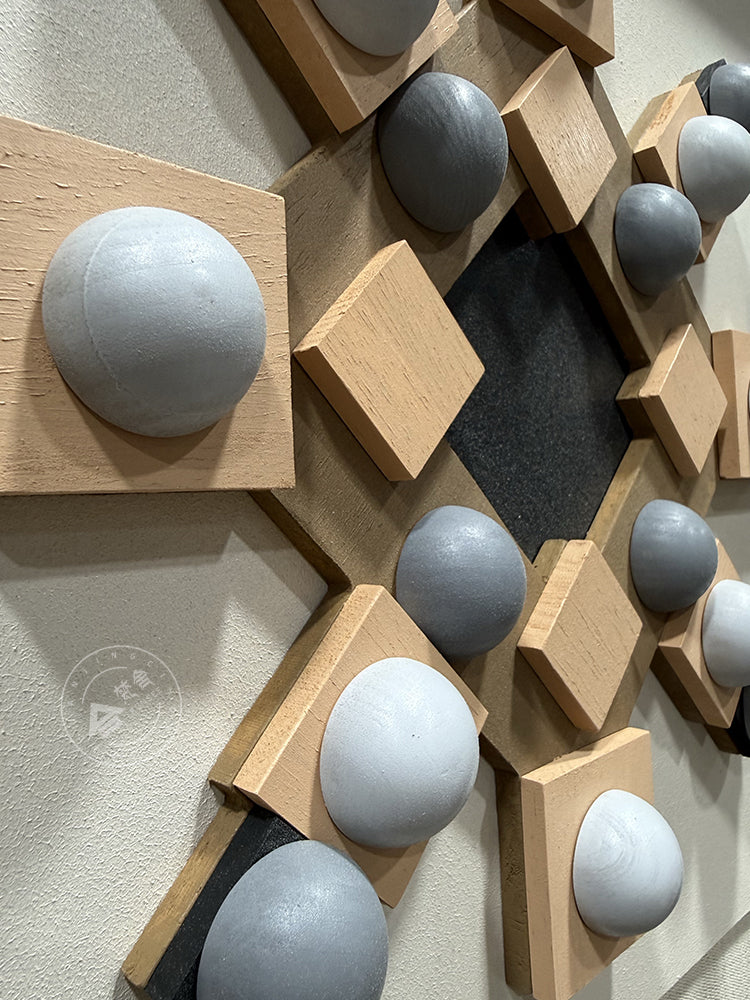 Geometric Carved Wood and Grey Hemisphere Art Installation