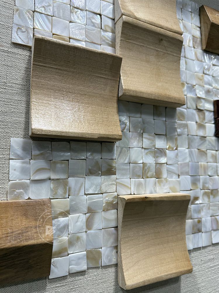 Geometric Wood and Shell Mosaic Art Installation