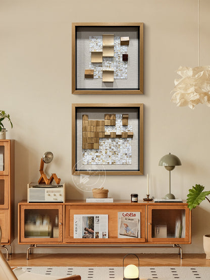 Geometric Wood and Shell Mosaic Art Installation