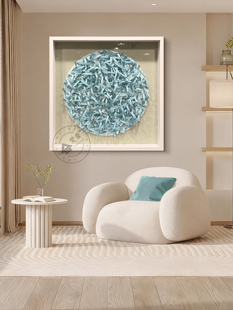 Circular Light Blue Woven Paper Rope Wall Sculpture
