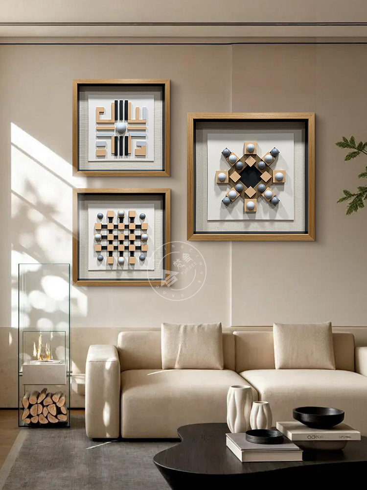 Geometric Carved Wood and Grey Hemisphere Art Installation