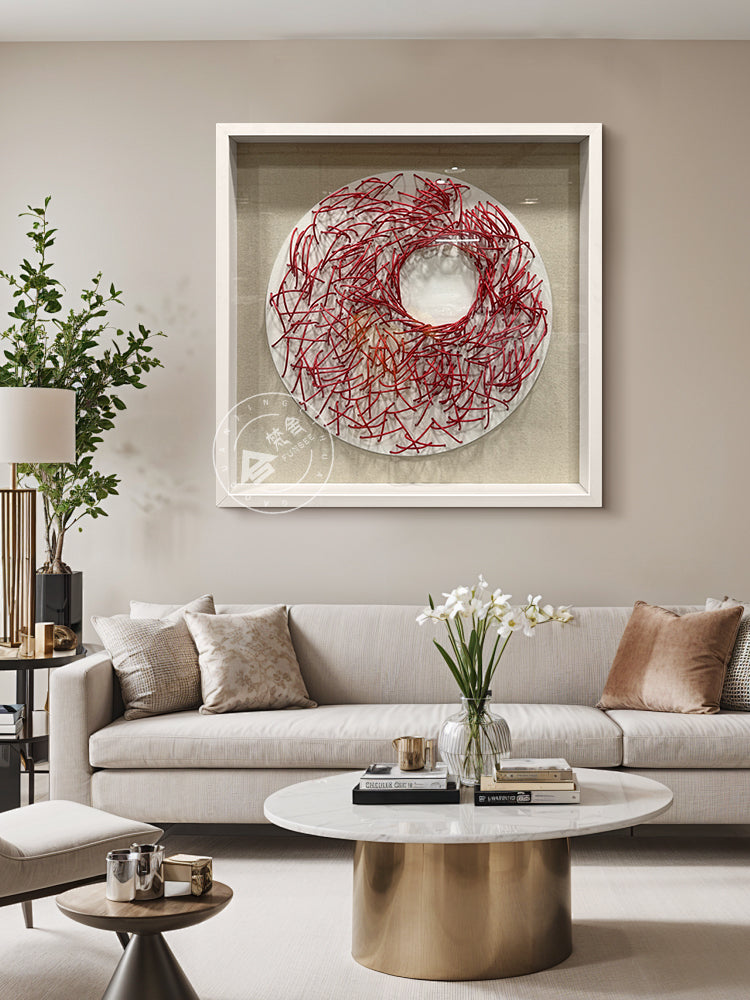 Luxury Crimson Paper Rope Wood Sculpture Wall Statement Piece