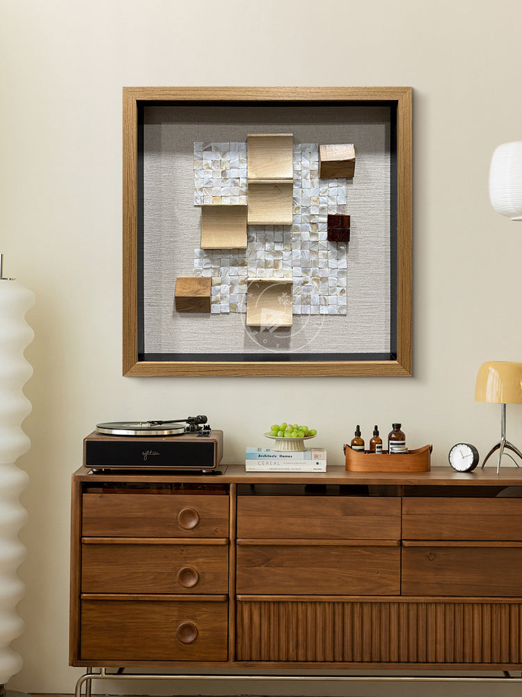 Geometric Wood and Shell Mosaic Art Installation
