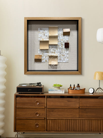 Geometric Wood and Shell Mosaic Art Installation