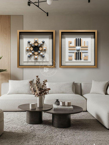 Geometric Carved Wood and Grey Hemisphere Art Installation