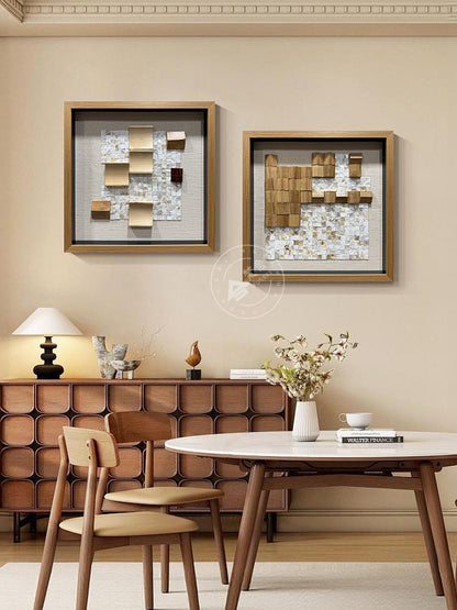 Geometric Wood and Shell Mosaic Art Installation
