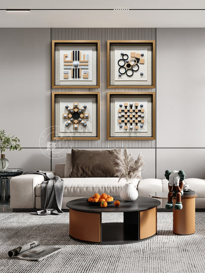 Geometric Carved Wood and Grey Hemisphere Art Installation