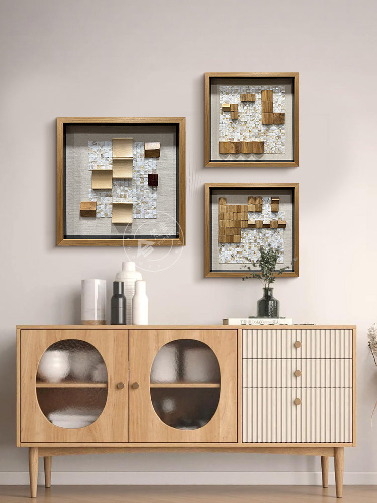 Geometric Wood and Shell Mosaic Art Installation